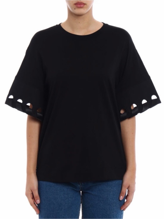 Victoria Beckham Tops - VICTORIA BECKHAM Size S • Black Satin Sleeve Detail Short Sleeve T Shirt Top.